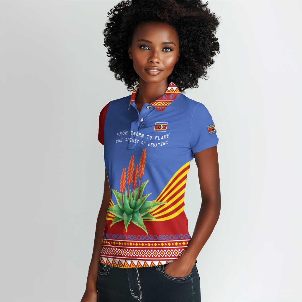 Aloe Vera Eswatini Women Polo Shirt Flag Print and Cultural Motif From Thorn to Flame