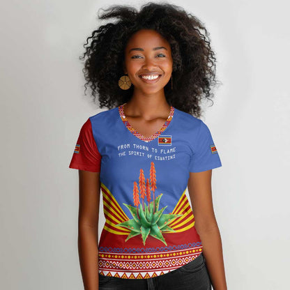 Aloe Vera Eswatini Women V-Neck T-Shirt Flag Print and Cultural Motif From Thorn to Flame