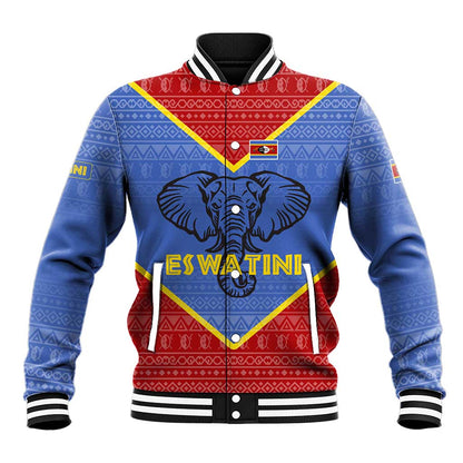 Elephant Eswatini Baseball Jacket Swaziland Shield Tribal Pattern and National Flag