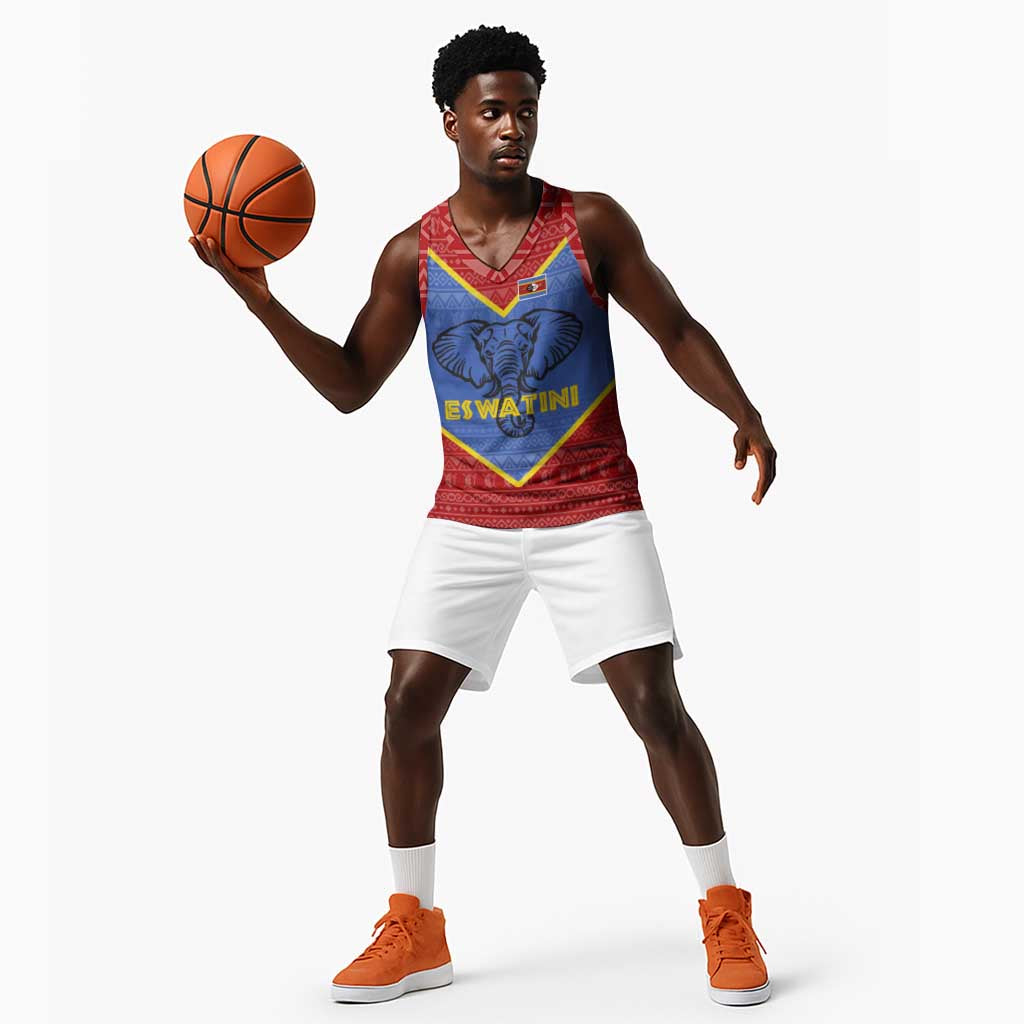 Elephant Eswatini Basketball Jersey Swaziland Shield Tribal Pattern and National Flag - African Pride