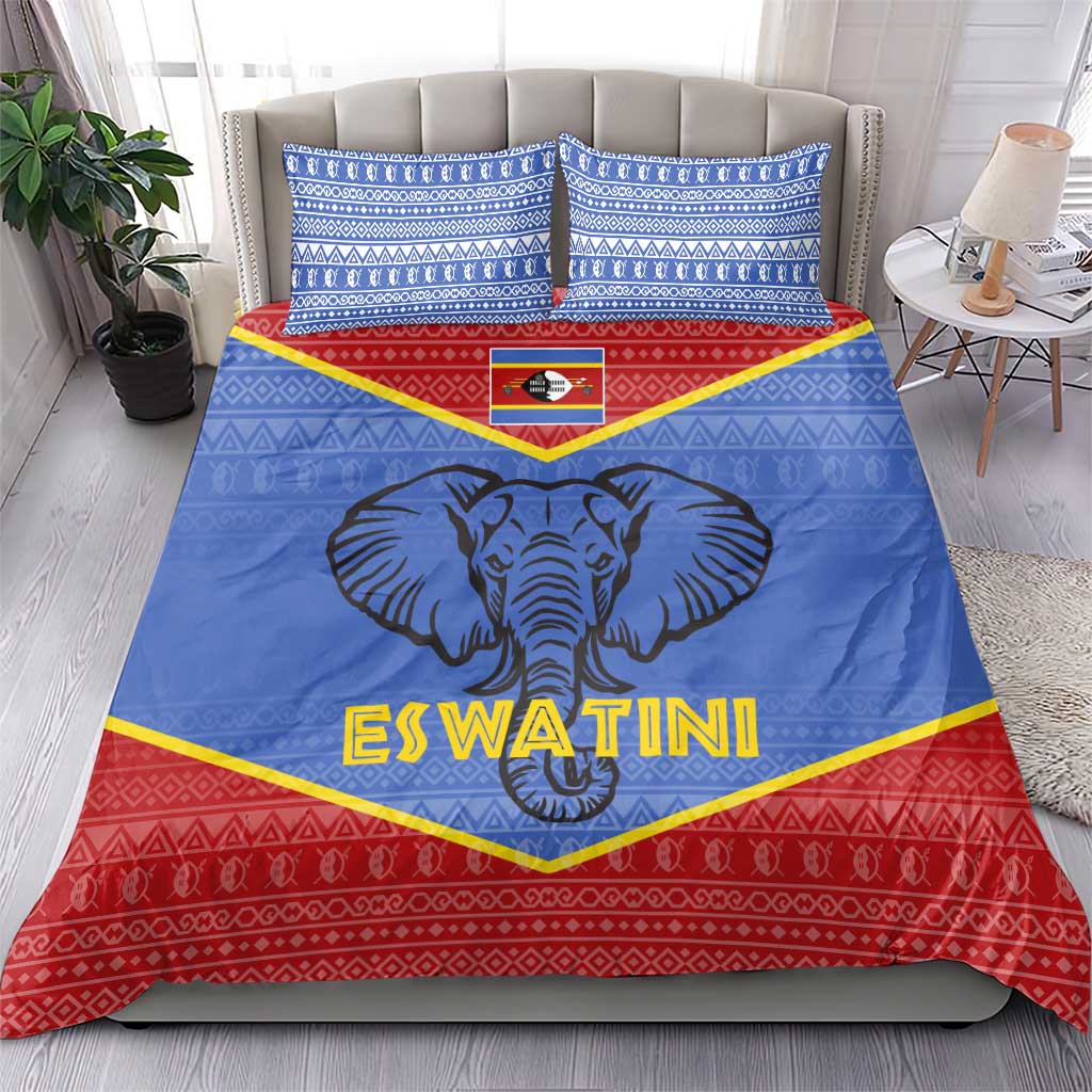 Elephant Eswatini Bedding Set Swaziland Shield Tribal Pattern and National Flag