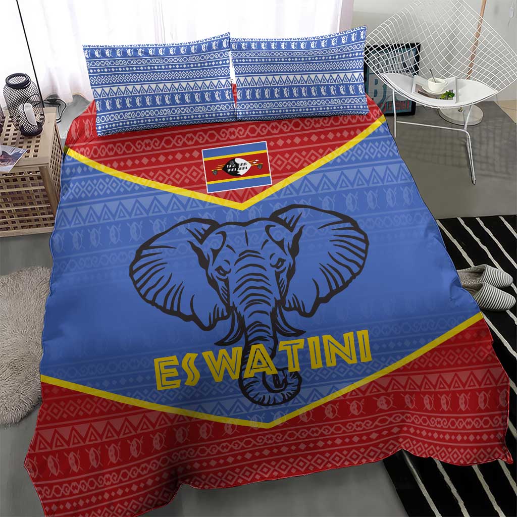 Elephant Eswatini Bedding Set Swaziland Shield Tribal Pattern and National Flag