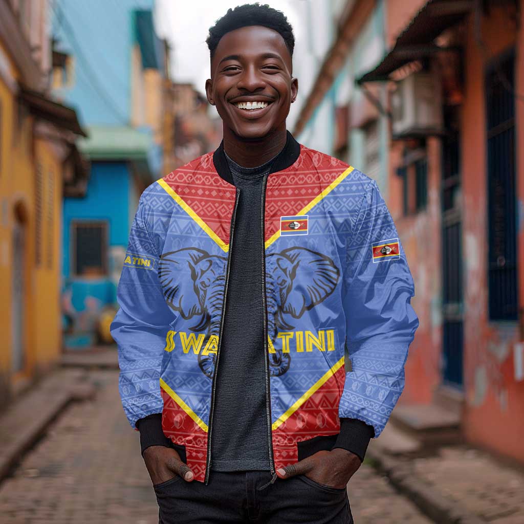 Elephant Eswatini Bomber Jacket Swaziland Shield Tribal Pattern and National Flag