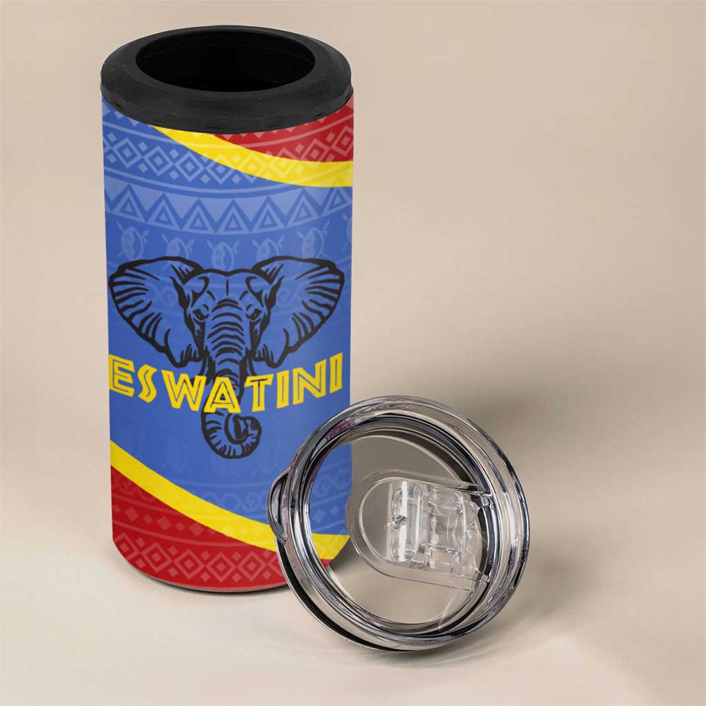 Elephant Eswatini 4 in 1 Can Cooler Tumbler Swaziland Shield Tribal Pattern and National Flag