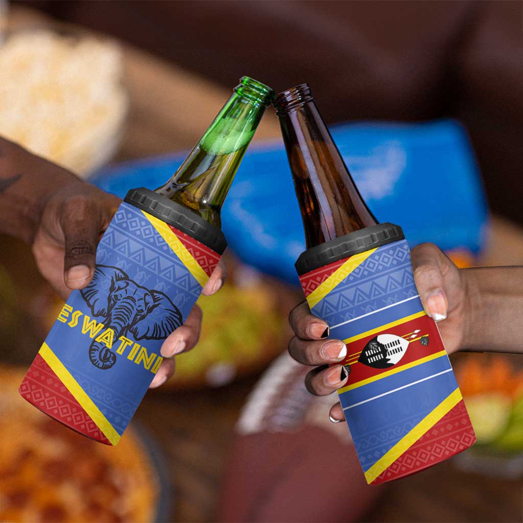 Elephant Eswatini 4 in 1 Can Cooler Tumbler Swaziland Shield Tribal Pattern and National Flag