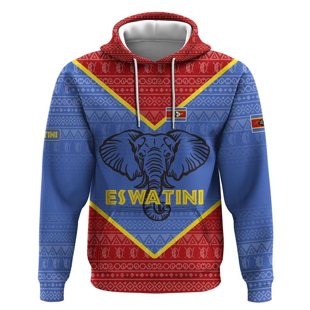 Elephant Eswatini Hoodie Swaziland Shield Tribal Pattern and National Flag