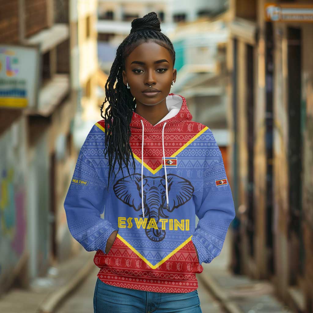 Elephant Eswatini Hoodie Swaziland Shield Tribal Pattern and National Flag