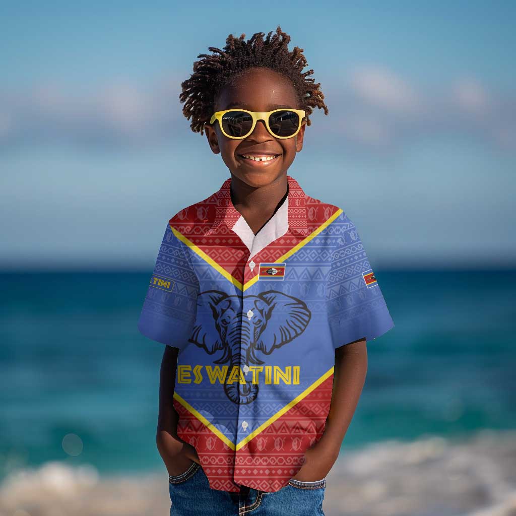 Elephant Eswatini Kid Hawaiian Shirt Swaziland Shield Tribal Pattern and National Flag