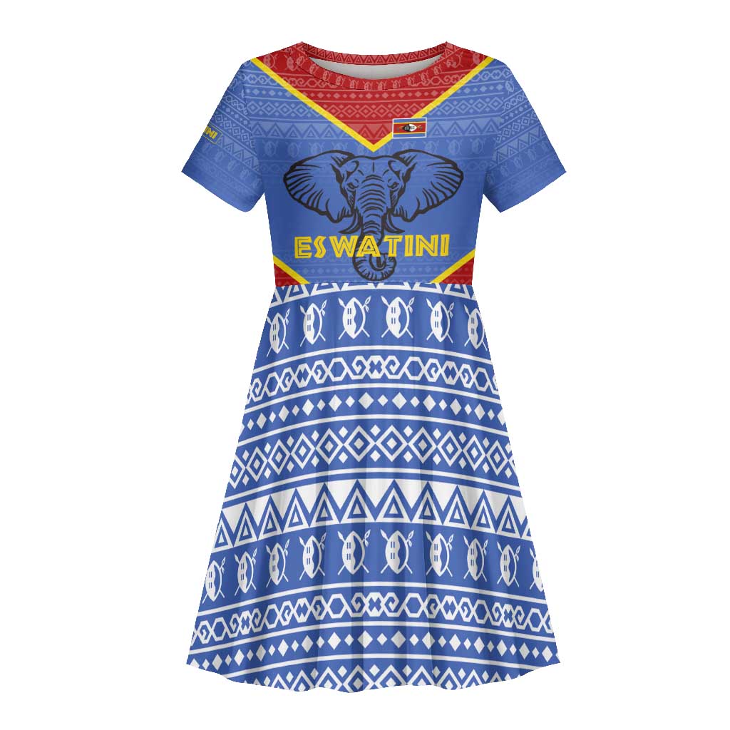 Elephant Eswatini Kid Short Sleeve Dress Swaziland Shield Tribal Pattern and National Flag