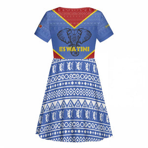 Elephant Eswatini Kid Short Sleeve Dress Swaziland Shield Tribal Pattern and National Flag