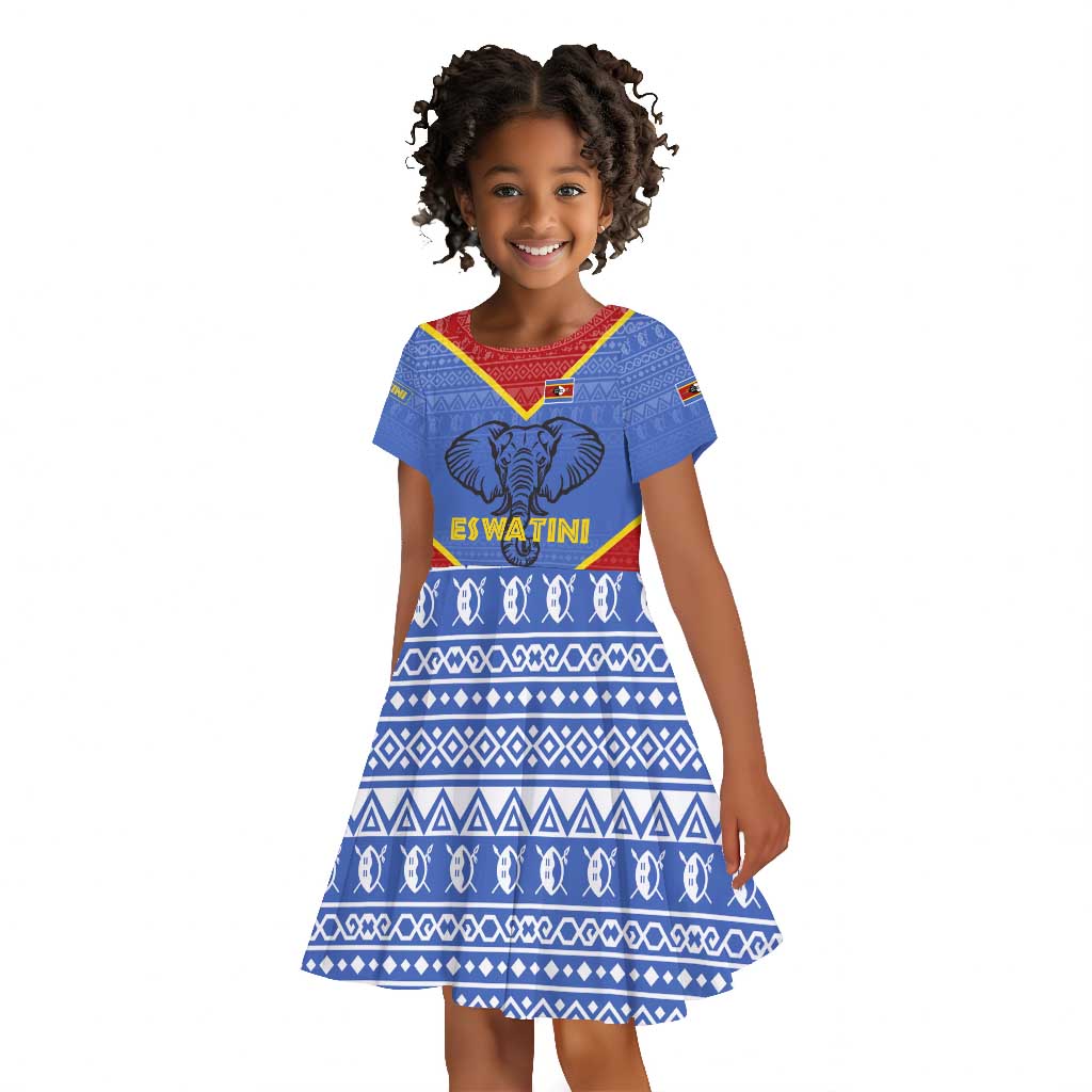 Elephant Eswatini Kid Short Sleeve Dress Swaziland Shield Tribal Pattern and National Flag