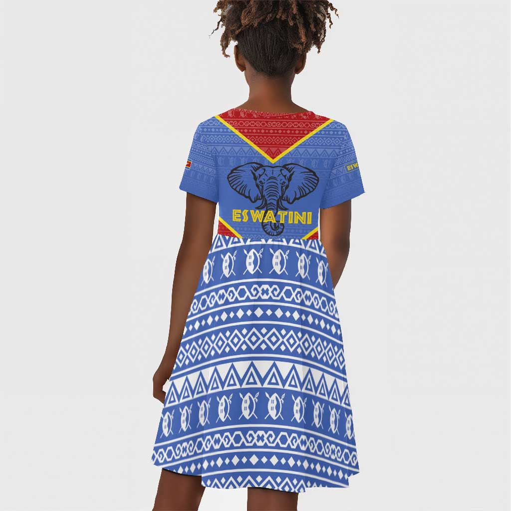 Elephant Eswatini Kid Short Sleeve Dress Swaziland Shield Tribal Pattern and National Flag