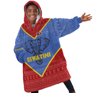 Elephant Eswatini Kid Wearable Blanket Hoodie Swaziland Shield Tribal Pattern and National Flag