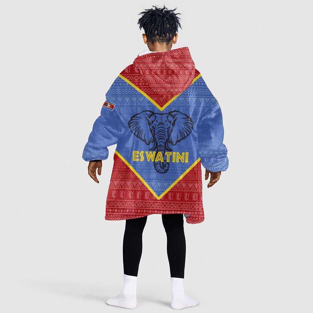 Elephant Eswatini Kid Wearable Blanket Hoodie Swaziland Shield Tribal Pattern and National Flag