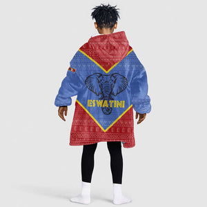 Elephant Eswatini Kid Wearable Blanket Hoodie Swaziland Shield Tribal Pattern and National Flag