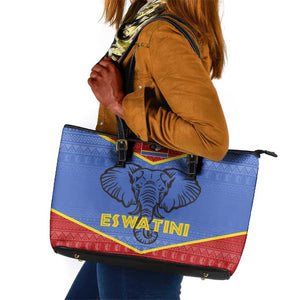 Elephant Eswatini Leather Tote Bag Swaziland Shield Tribal Pattern and National Flag