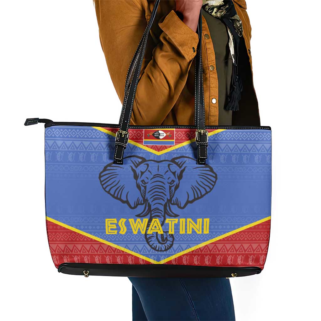 Elephant Eswatini Leather Tote Bag Swaziland Shield Tribal Pattern and National Flag