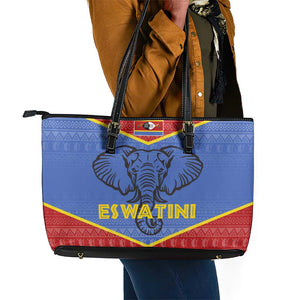 Elephant Eswatini Leather Tote Bag Swaziland Shield Tribal Pattern and National Flag