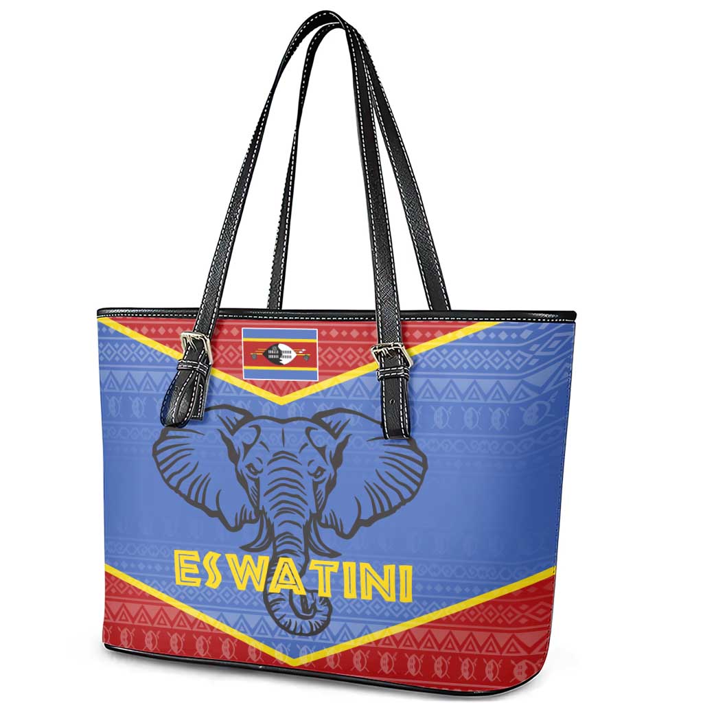 Elephant Eswatini Leather Tote Bag Swaziland Shield Tribal Pattern and National Flag