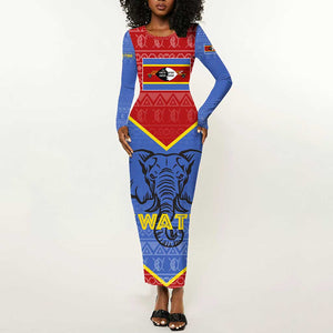 Elephant Eswatini Long Sleeve Bodycon Dress Swaziland Shield Tribal Pattern and National Flag