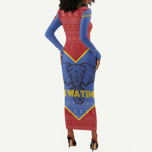 Elephant Eswatini Long Sleeve Bodycon Dress Swaziland Shield Tribal Pattern and National Flag