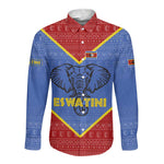 Elephant Eswatini Long Sleeve Button Shirt Swaziland Shield Tribal Pattern and National Flag