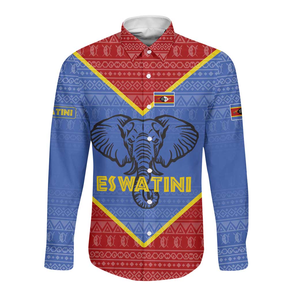 Elephant Eswatini Long Sleeve Button Shirt Swaziland Shield Tribal Pattern and National Flag