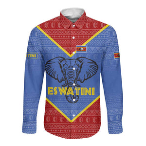 Elephant Eswatini Long Sleeve Button Shirt Swaziland Shield Tribal Pattern and National Flag