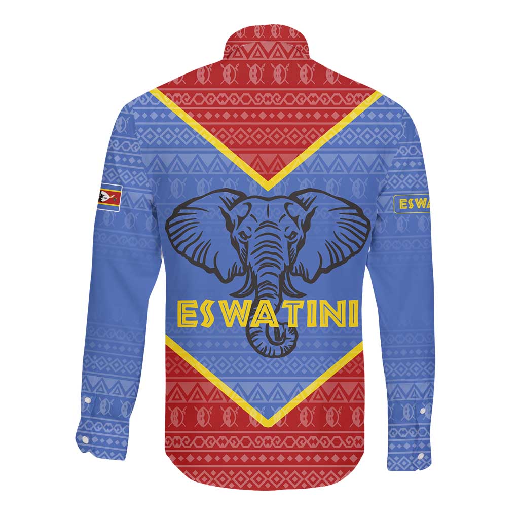 Elephant Eswatini Long Sleeve Button Shirt Swaziland Shield Tribal Pattern and National Flag