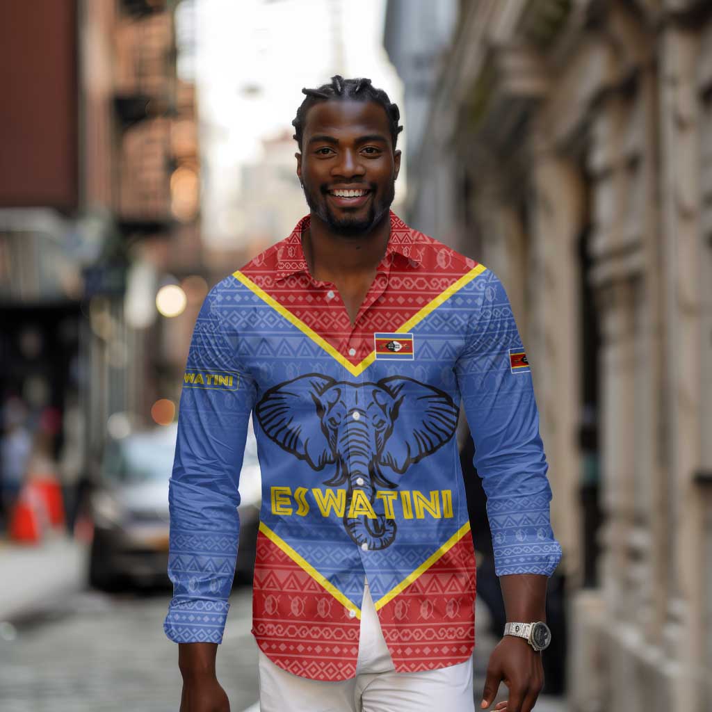 Elephant Eswatini Long Sleeve Button Shirt Swaziland Shield Tribal Pattern and National Flag