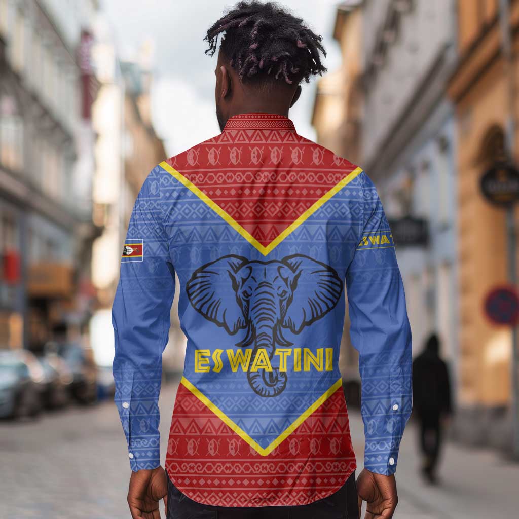 Elephant Eswatini Long Sleeve Button Shirt Swaziland Shield Tribal Pattern and National Flag