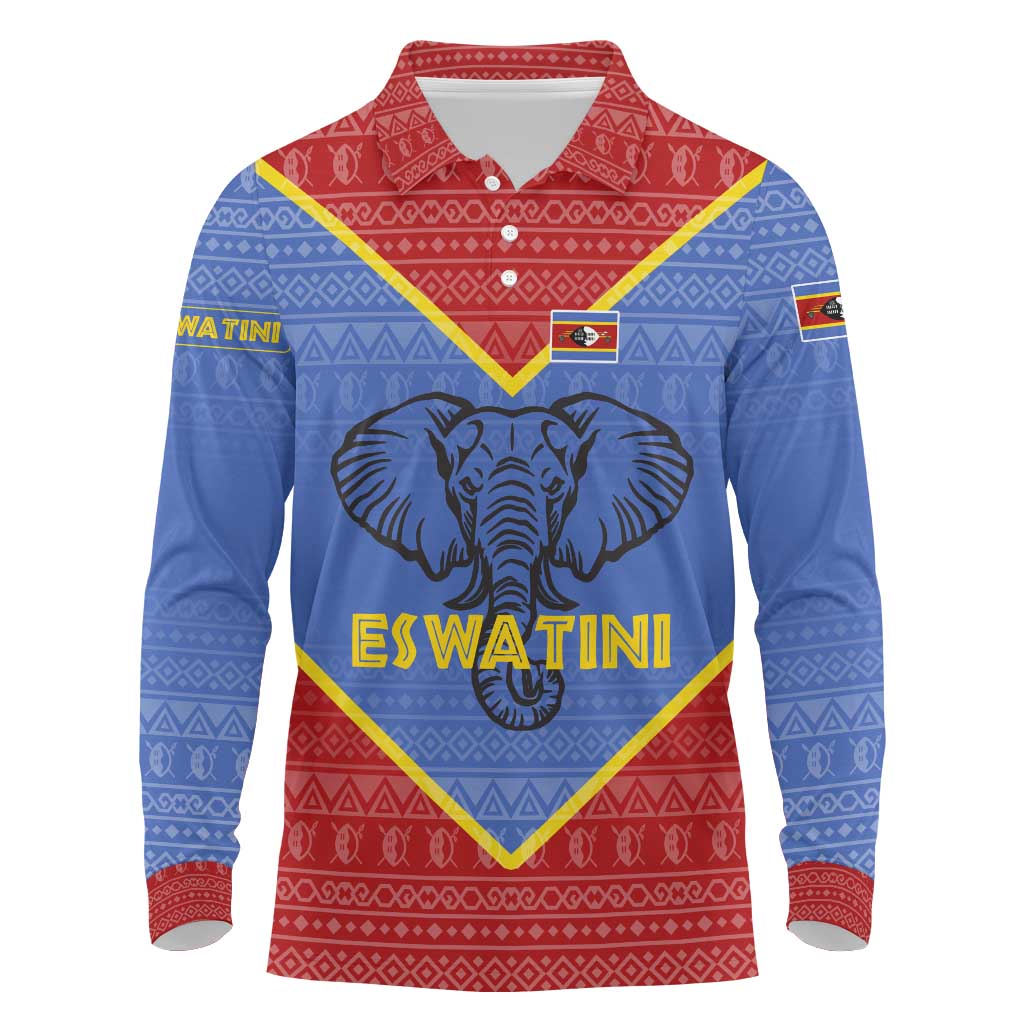 Elephant Eswatini Long Sleeve Polo Shirt Swaziland Shield Tribal Pattern and National Flag