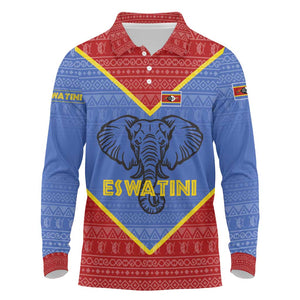 Elephant Eswatini Long Sleeve Polo Shirt Swaziland Shield Tribal Pattern and National Flag