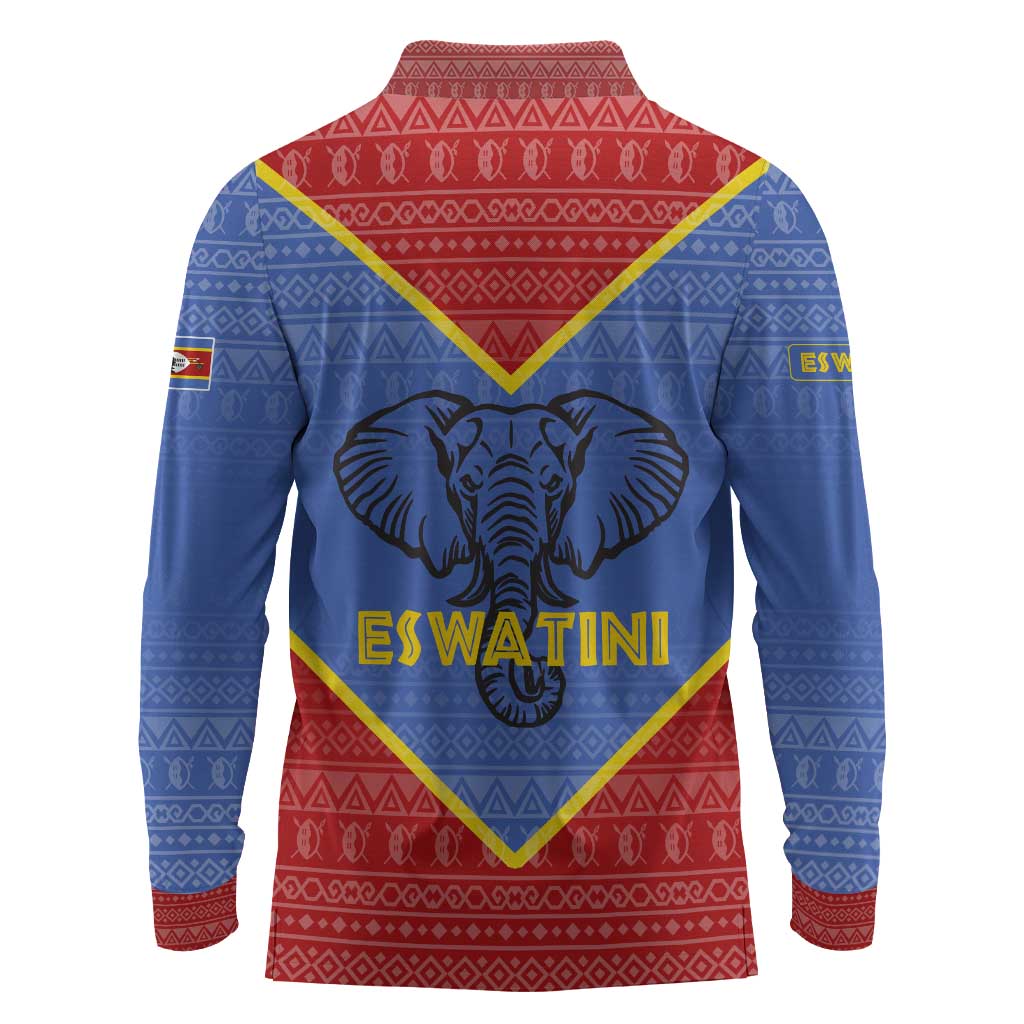 Elephant Eswatini Long Sleeve Polo Shirt Swaziland Shield Tribal Pattern and National Flag