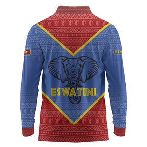 Elephant Eswatini Long Sleeve Polo Shirt Swaziland Shield Tribal Pattern and National Flag