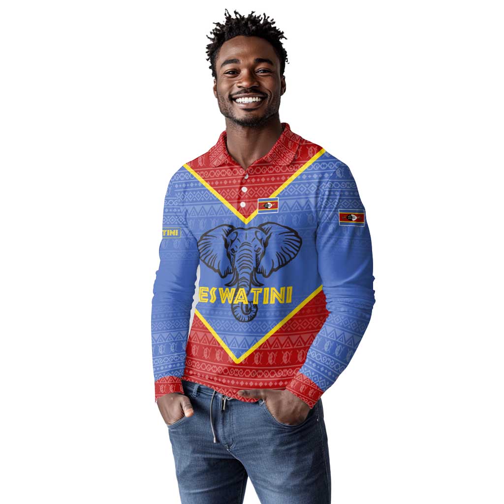 Elephant Eswatini Long Sleeve Polo Shirt Swaziland Shield Tribal Pattern and National Flag