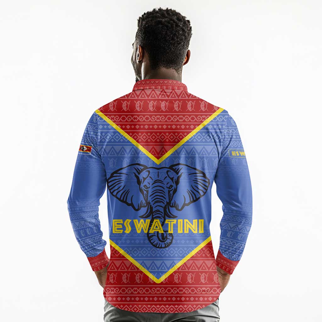 Elephant Eswatini Long Sleeve Polo Shirt Swaziland Shield Tribal Pattern and National Flag