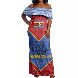 Elephant Eswatini Off Shoulder Maxi Dress Swaziland Shield Tribal Pattern and National Flag