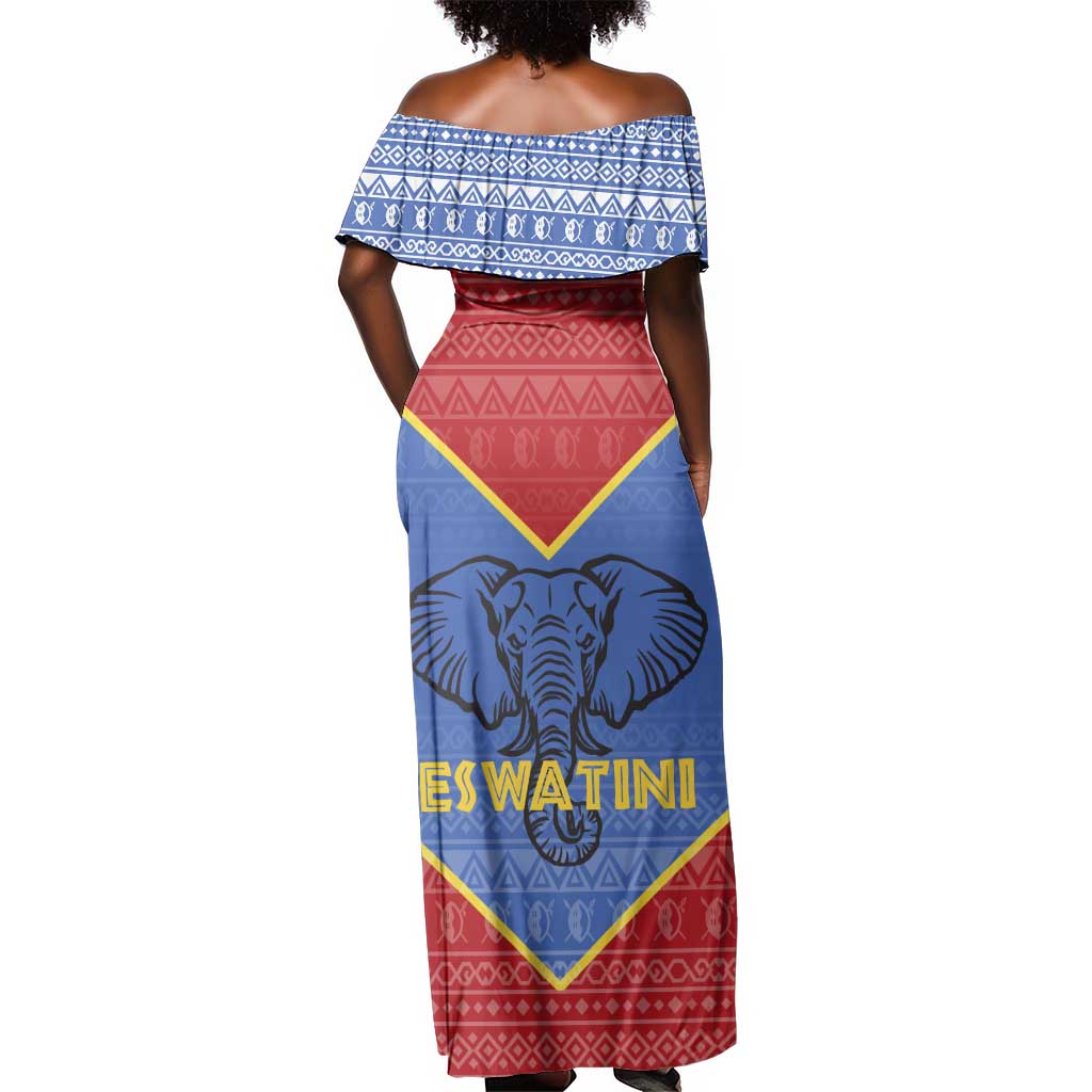 Elephant Eswatini Off Shoulder Maxi Dress Swaziland Shield Tribal Pattern and National Flag