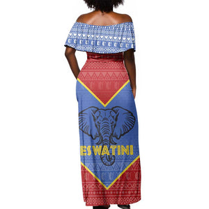Elephant Eswatini Off Shoulder Maxi Dress Swaziland Shield Tribal Pattern and National Flag