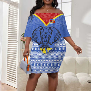 Elephant Eswatini Off Shoulder Short Dress Swaziland Shield Tribal Pattern and National Flag