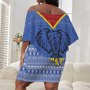 Elephant Eswatini Off Shoulder Short Dress Swaziland Shield Tribal Pattern and National Flag