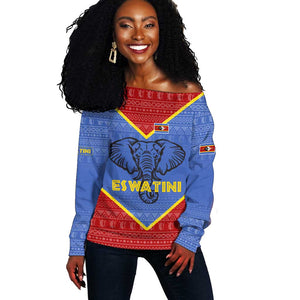 Elephant Eswatini Off Shoulder Sweater Swaziland Shield Tribal Pattern and National Flag