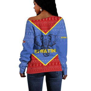 Elephant Eswatini Off Shoulder Sweater Swaziland Shield Tribal Pattern and National Flag