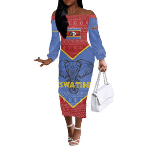 Elephant Eswatini Off The Shoulder Long Sleeve Dress Swaziland Shield Tribal Pattern and National Flag