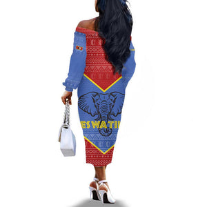 Elephant Eswatini Off The Shoulder Long Sleeve Dress Swaziland Shield Tribal Pattern and National Flag