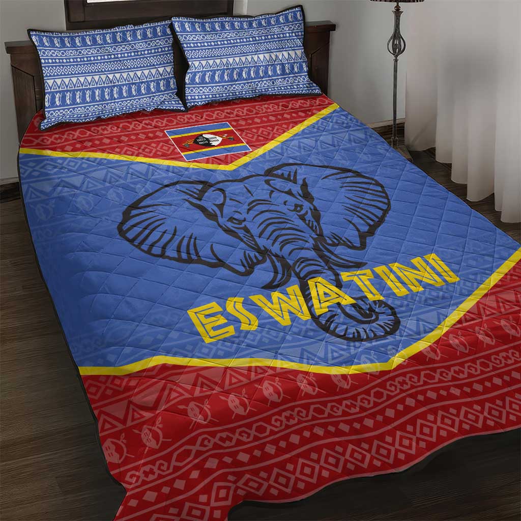 Elephant Eswatini Quilt Bed Set Swaziland Shield Tribal Pattern and National Flag