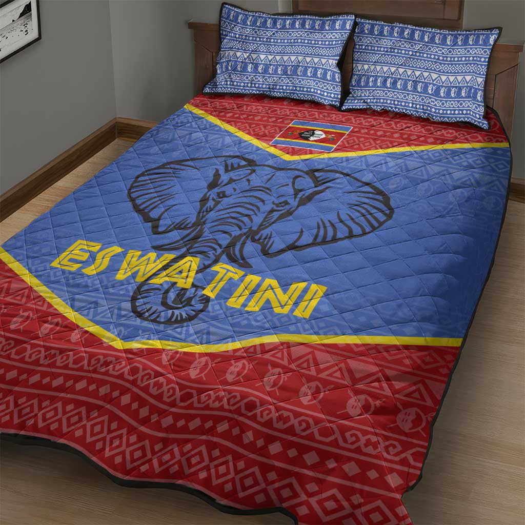 Elephant Eswatini Quilt Bed Set Swaziland Shield Tribal Pattern and National Flag