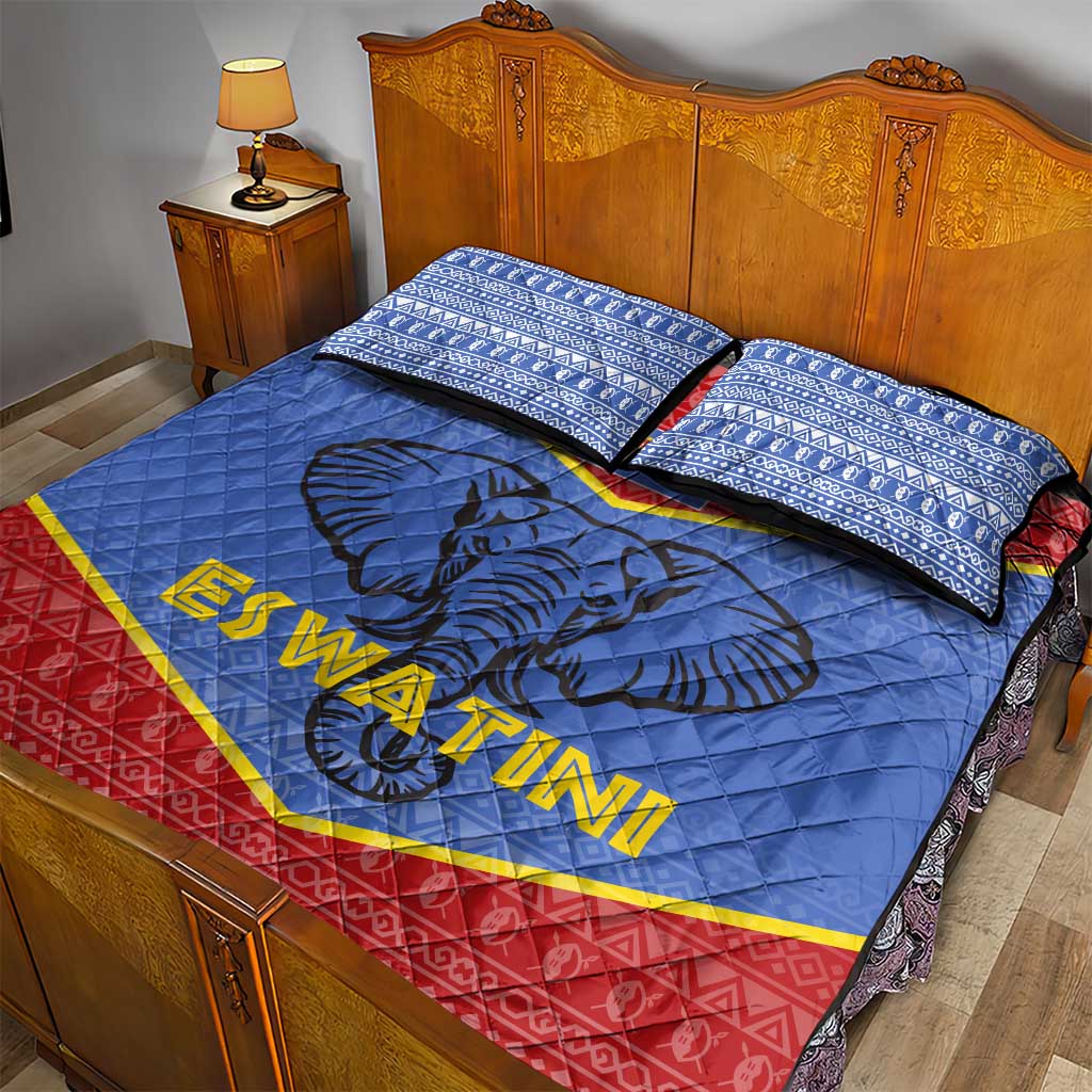 Elephant Eswatini Quilt Bed Set Swaziland Shield Tribal Pattern and National Flag
