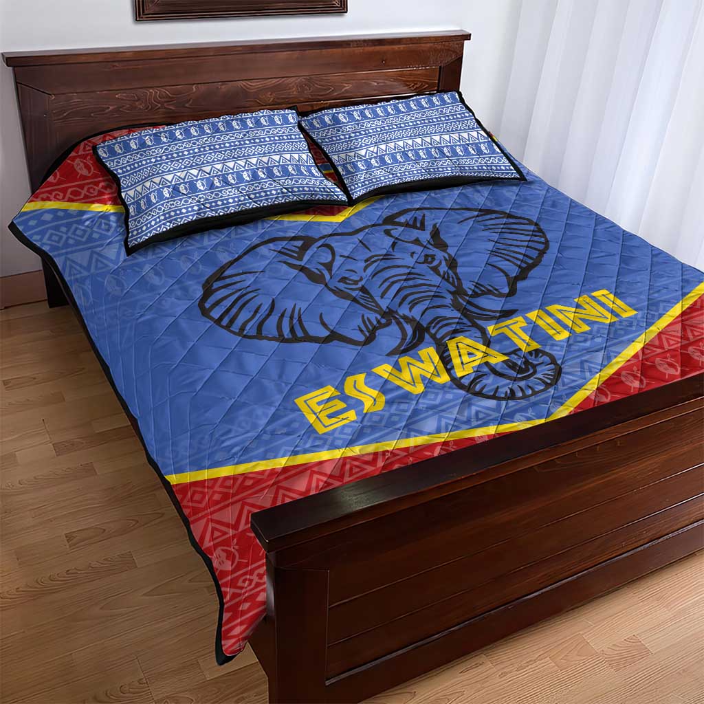 Elephant Eswatini Quilt Bed Set Swaziland Shield Tribal Pattern and National Flag